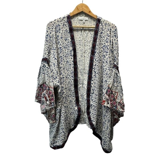 New Directions Curvy Duster Womens 0x 1x White Blue Floral Bell Sleeve Kimono - Picture 1 of 10